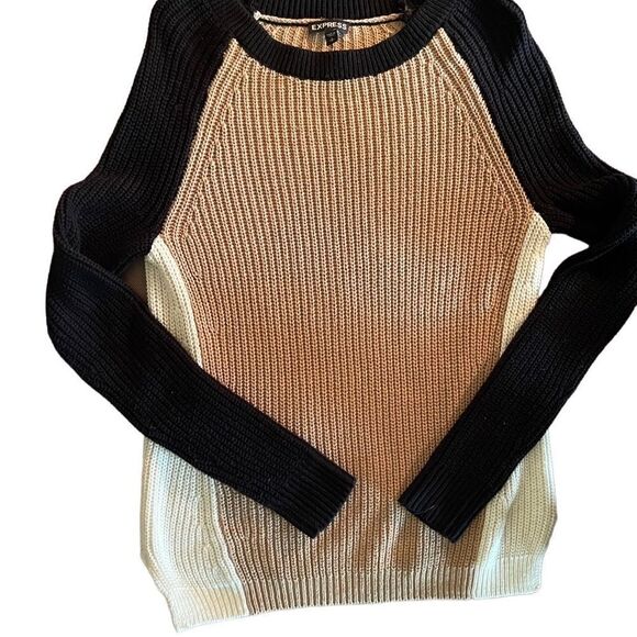 Express Brown black cream color block knit sweater cotton blend sz S crew neck - Picture 10 of 10